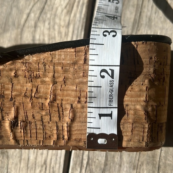 Fossil Black Cork Wedge Platform Sandals Size 9.5 Leather Buckle Slide Shoes - Picture 8 of 10